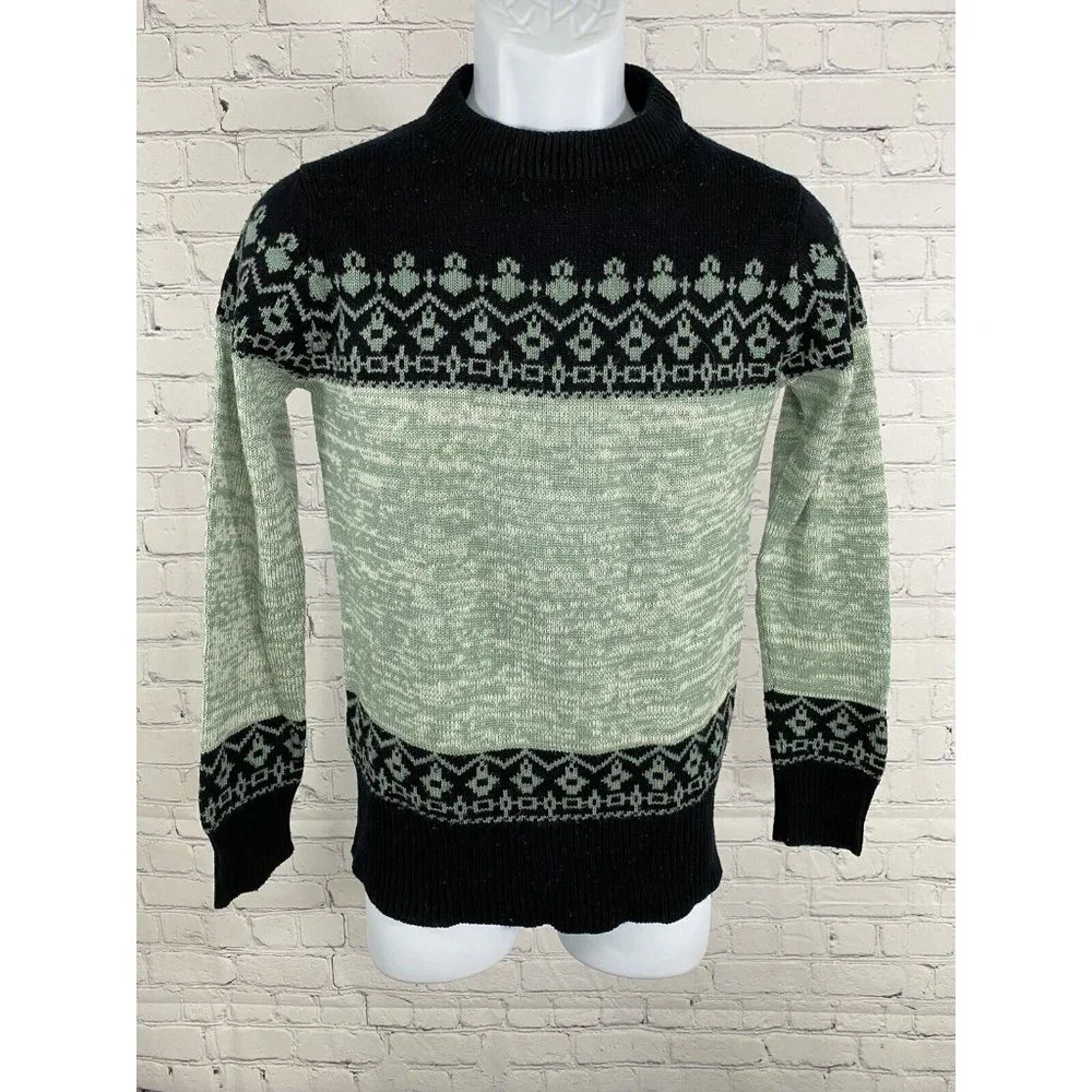 VTG Montgomery Ward Black Green Cable Knit Pullover Long Sleeve Sweater Mens 34